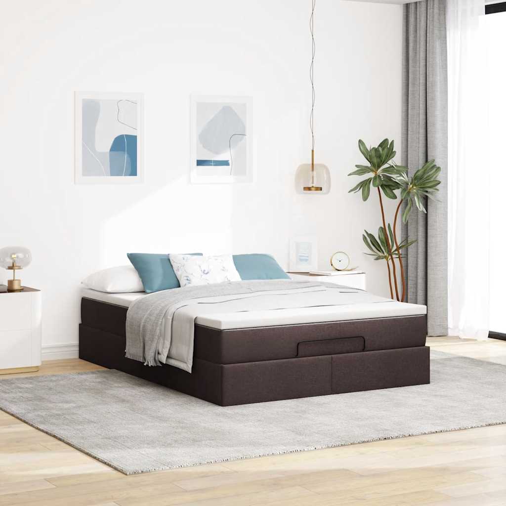 Cadre de lit ottoman avec matelas marron foncé 140x200 cm tissu