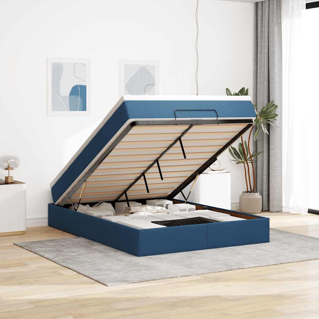 Cadre de lit ottoman avec matelas bleu 140x200 cm tissu - XIOS
