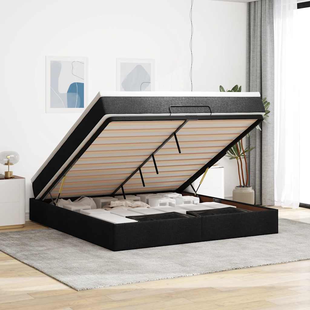 Cadre de lit ottoman avec matelas noir 160x200 cm tissu - XIOS