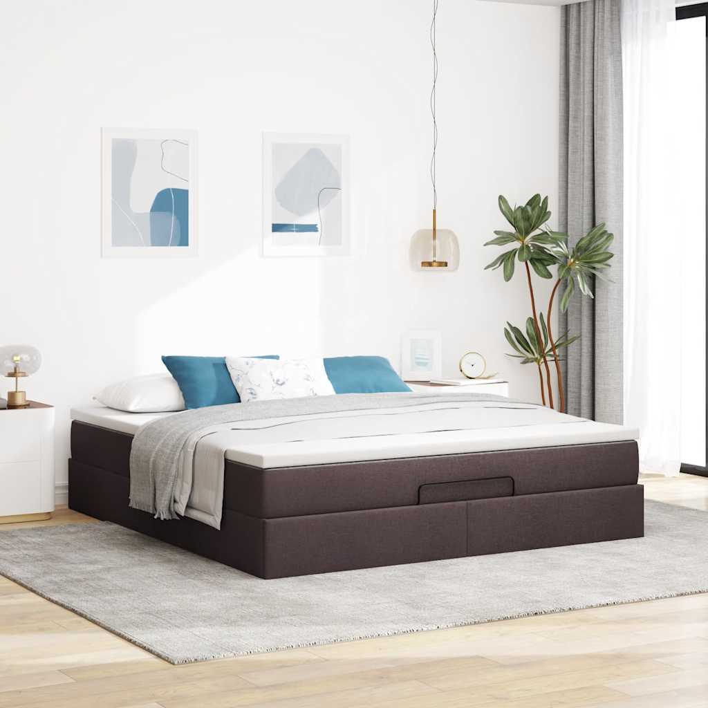 Cadre de lit ottoman avec matelas marron foncé 160x200 cm tissu