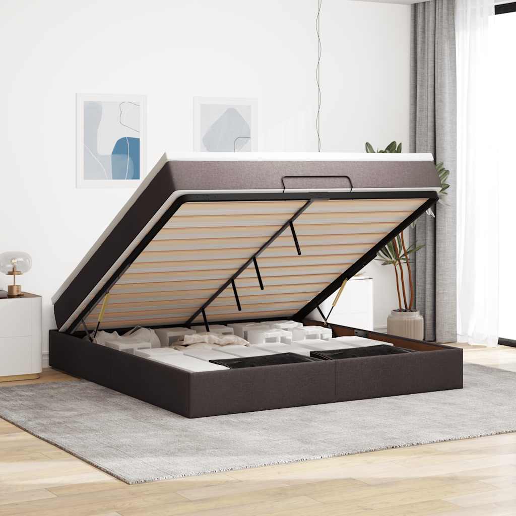 Cadre de lit ottoman avec matelas marron foncé 160x200 cm tissu