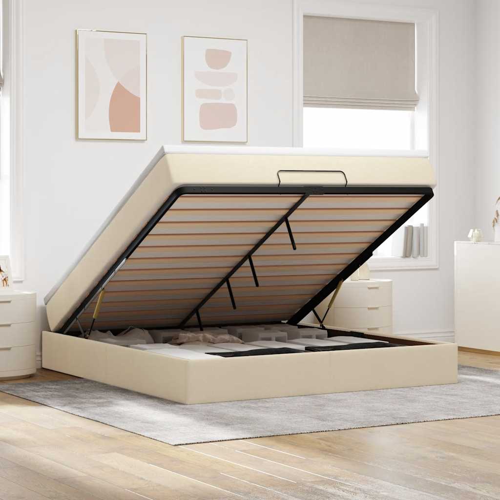 Cadre de lit ottoman avec matelas crème 160x200 cm tissu