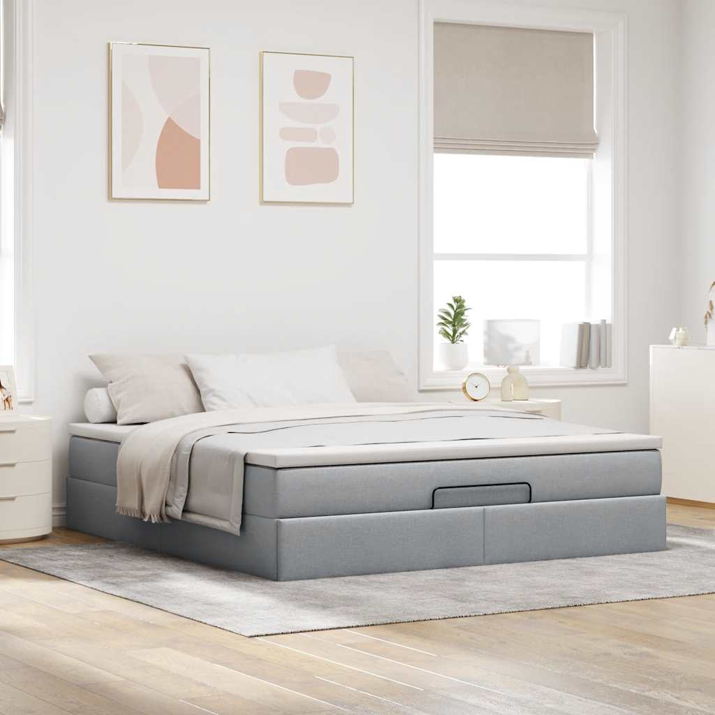 Cadre de lit ottoman et matelas gris clair 180x200 cm tissu - XIOS