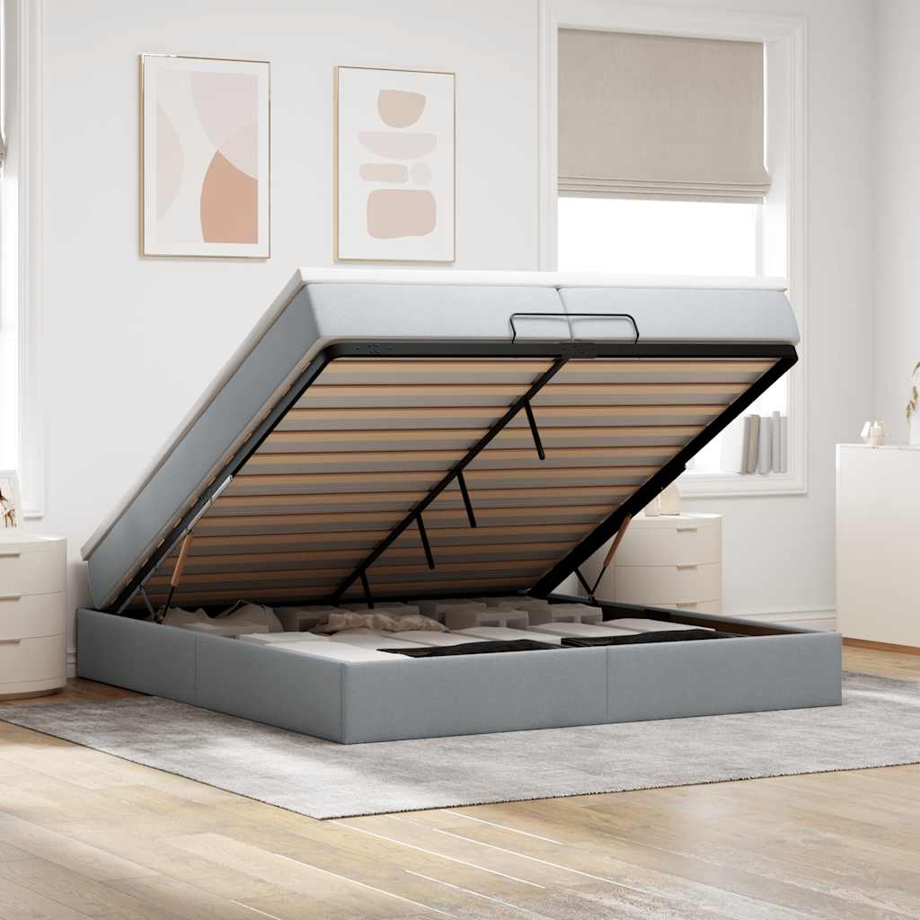 Cadre de lit ottoman et matelas gris clair 200x200cm tissu - XIOS