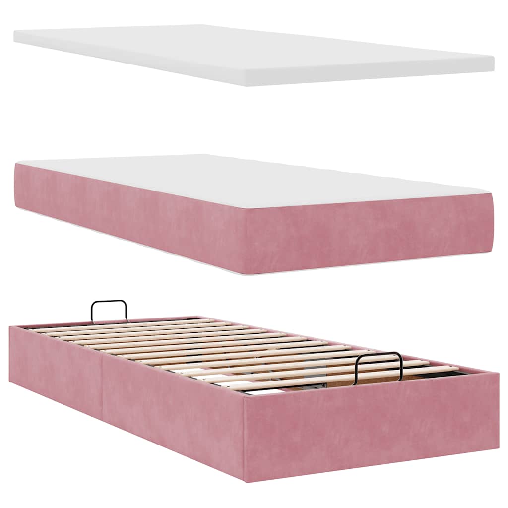 Cadre de lit ottoman avec matelas rose 80x200 cm velours - XIOS