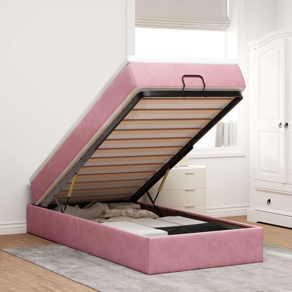 Cadre de lit ottoman avec matelas rose 80x200 cm velours - XIOS