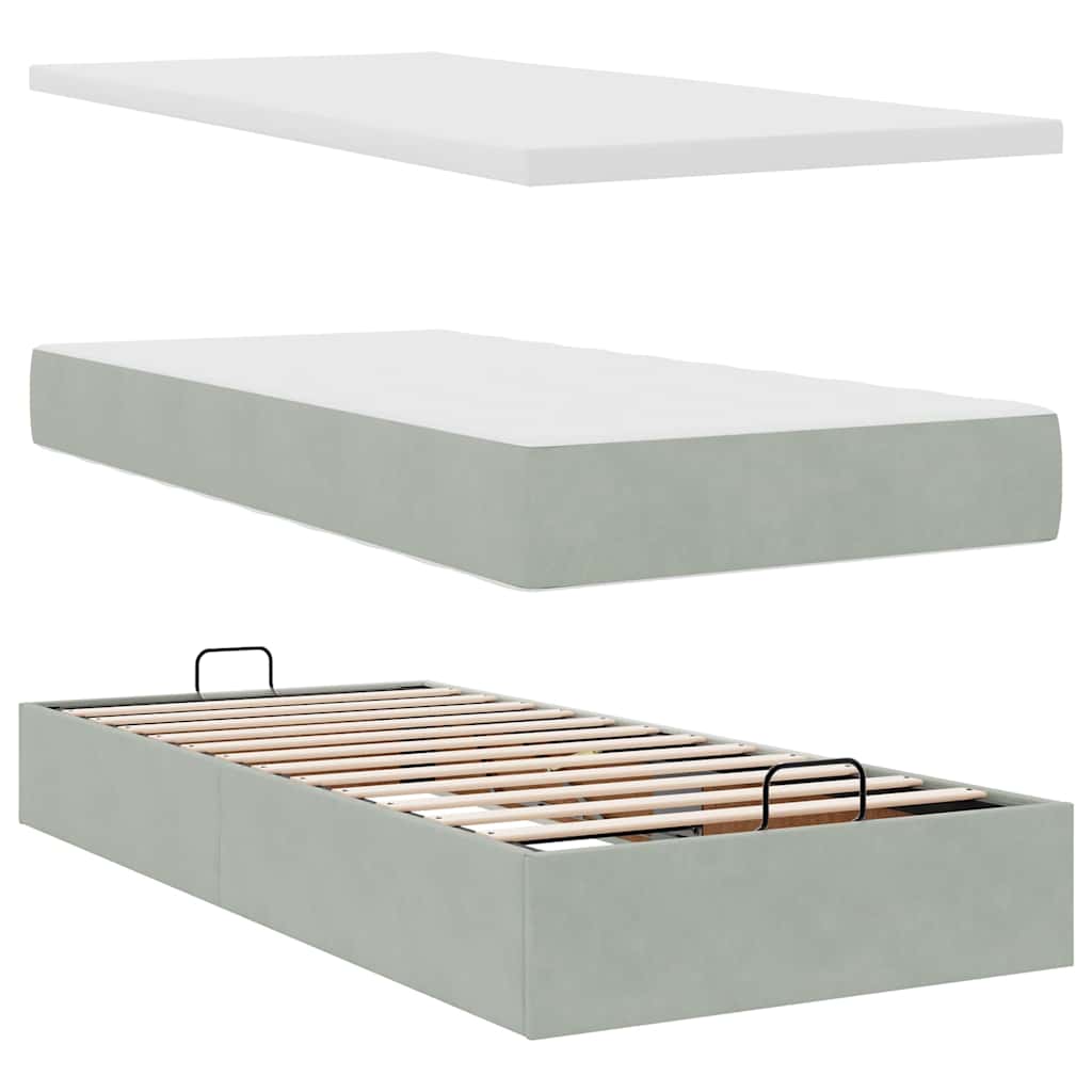 Cadre de lit ottoman et matelas gris clair 90x190 cm velours - XIOS