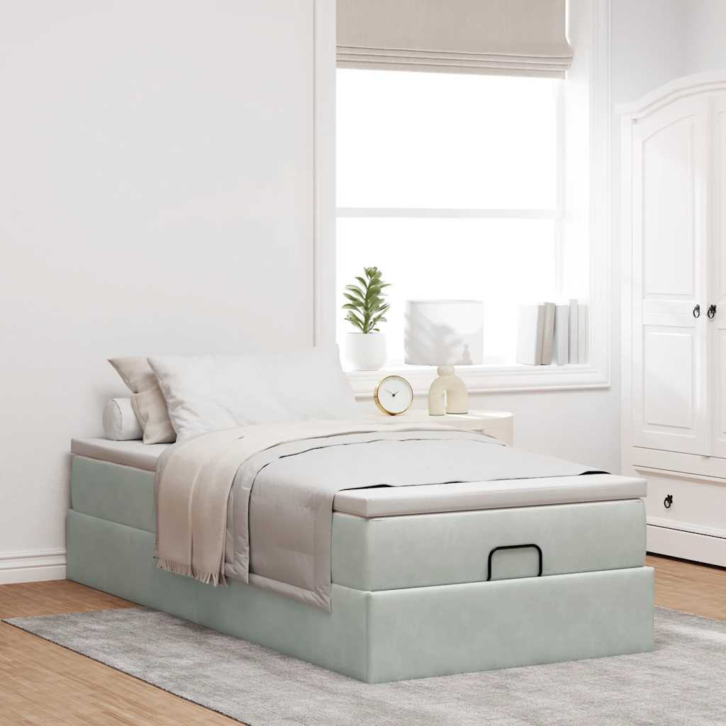 Cadre de lit ottoman et matelas gris clair 90x200 cm velours - XIOS
