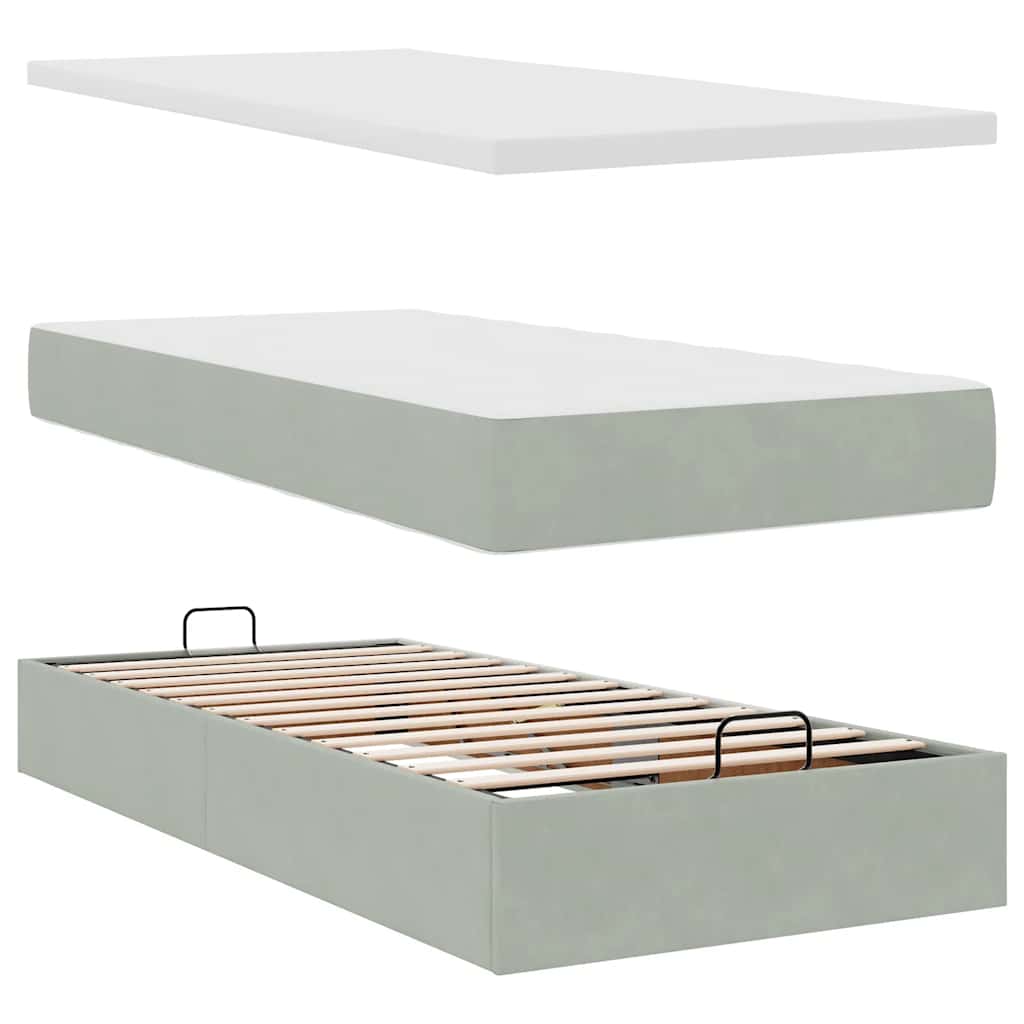 Cadre de lit ottoman et matelas gris clair 90x200 cm velours - XIOS