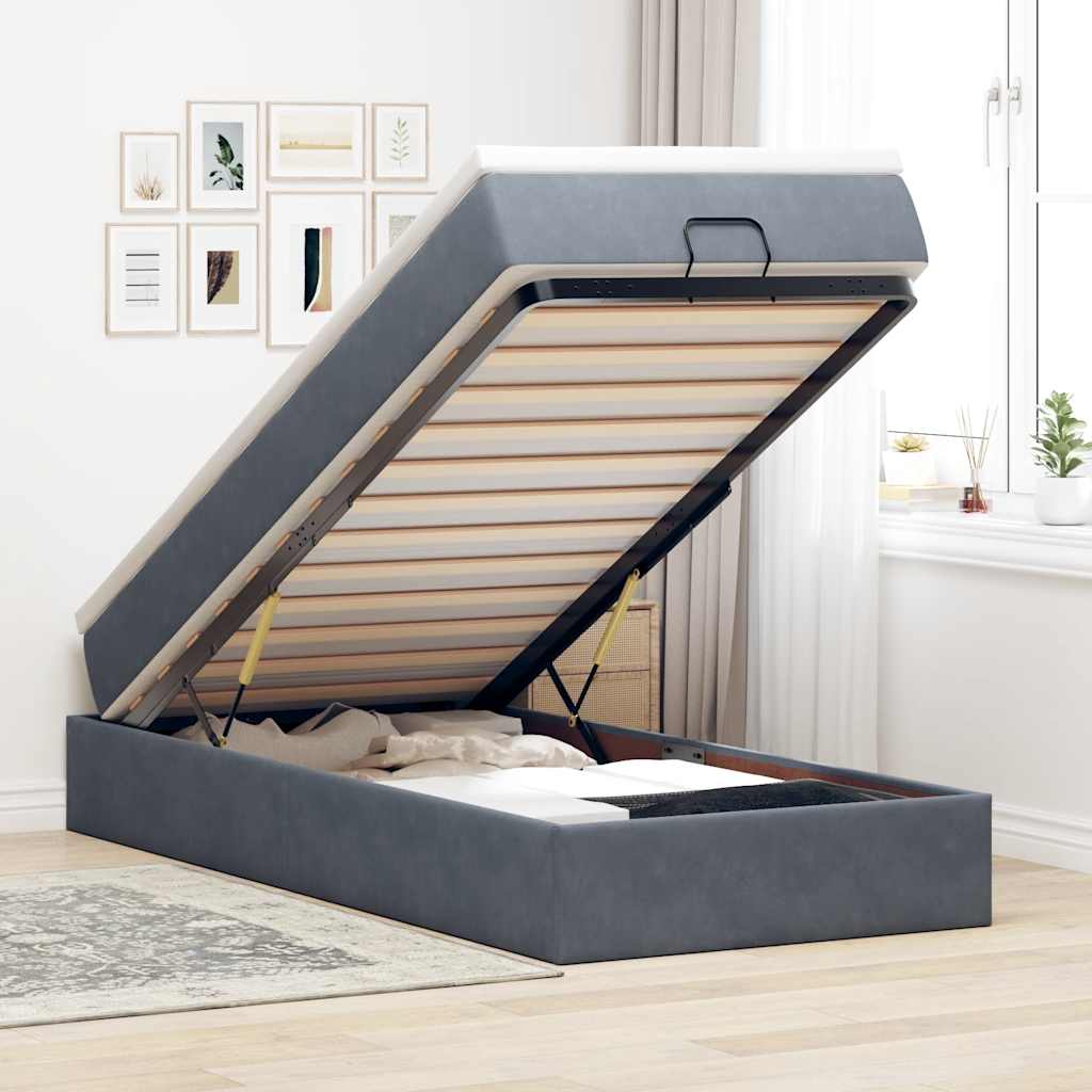Cadre de lit ottoman et matelas gris foncé 90x200 cm velours - XIOS