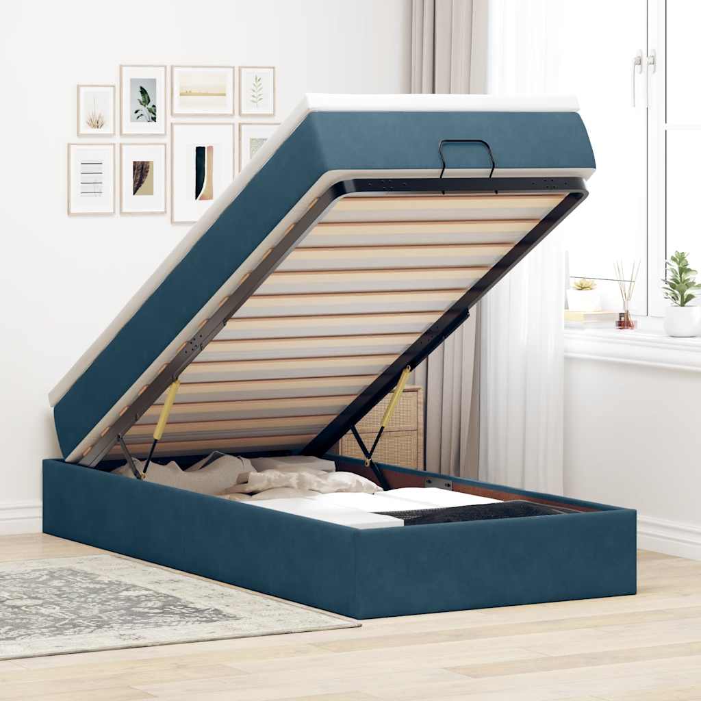 Cadre de lit ottoman avec matelas bleu foncé 100x200 cm velours - XIOS