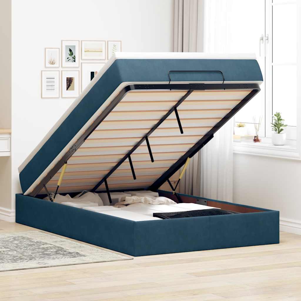 Cadre de lit ottoman avec matelas bleu foncé 120x200 cm velours