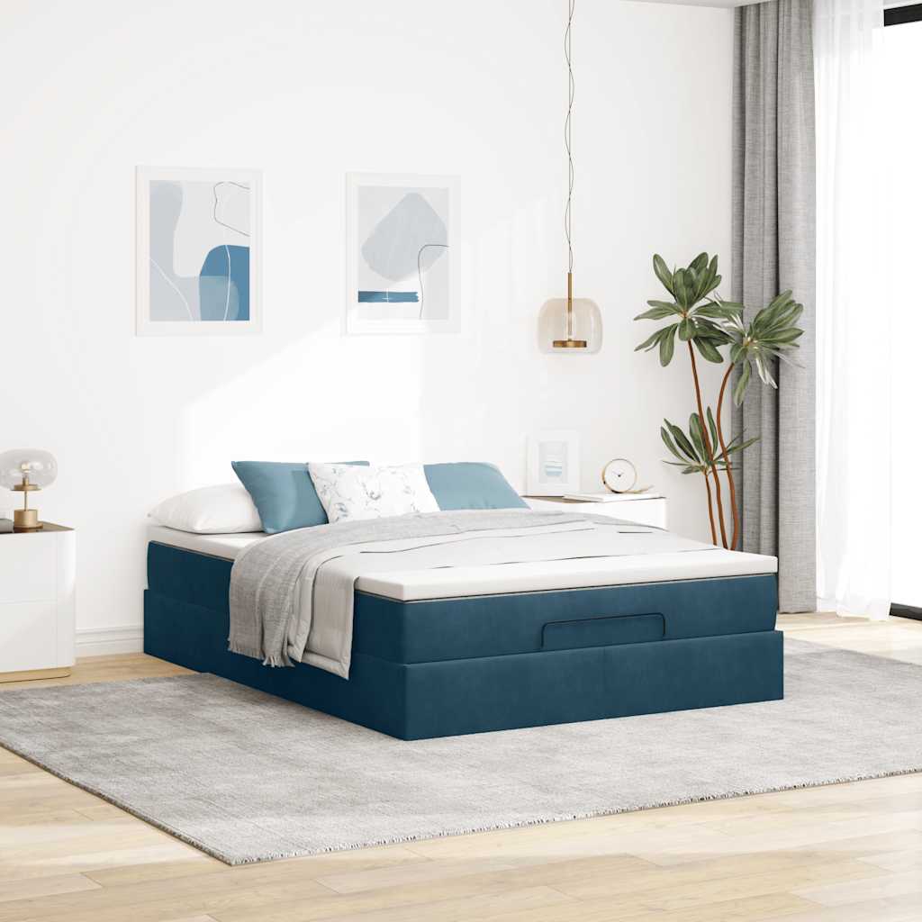Cadre de lit ottoman avec matelas bleu foncé 140x190 cm velours - XIOS