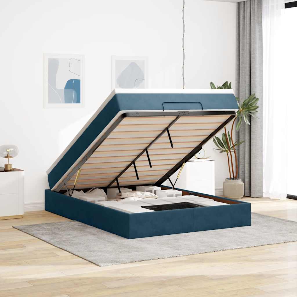 Cadre de lit ottoman avec matelas bleu foncé 140x190 cm velours - XIOS
