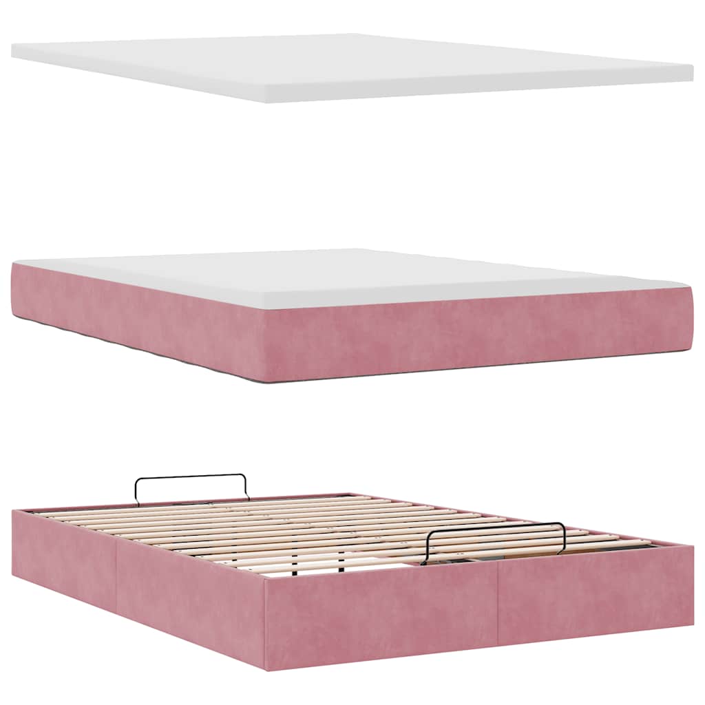 Cadre de lit ottoman avec matelas rose 140x190 cm velours - XIOS