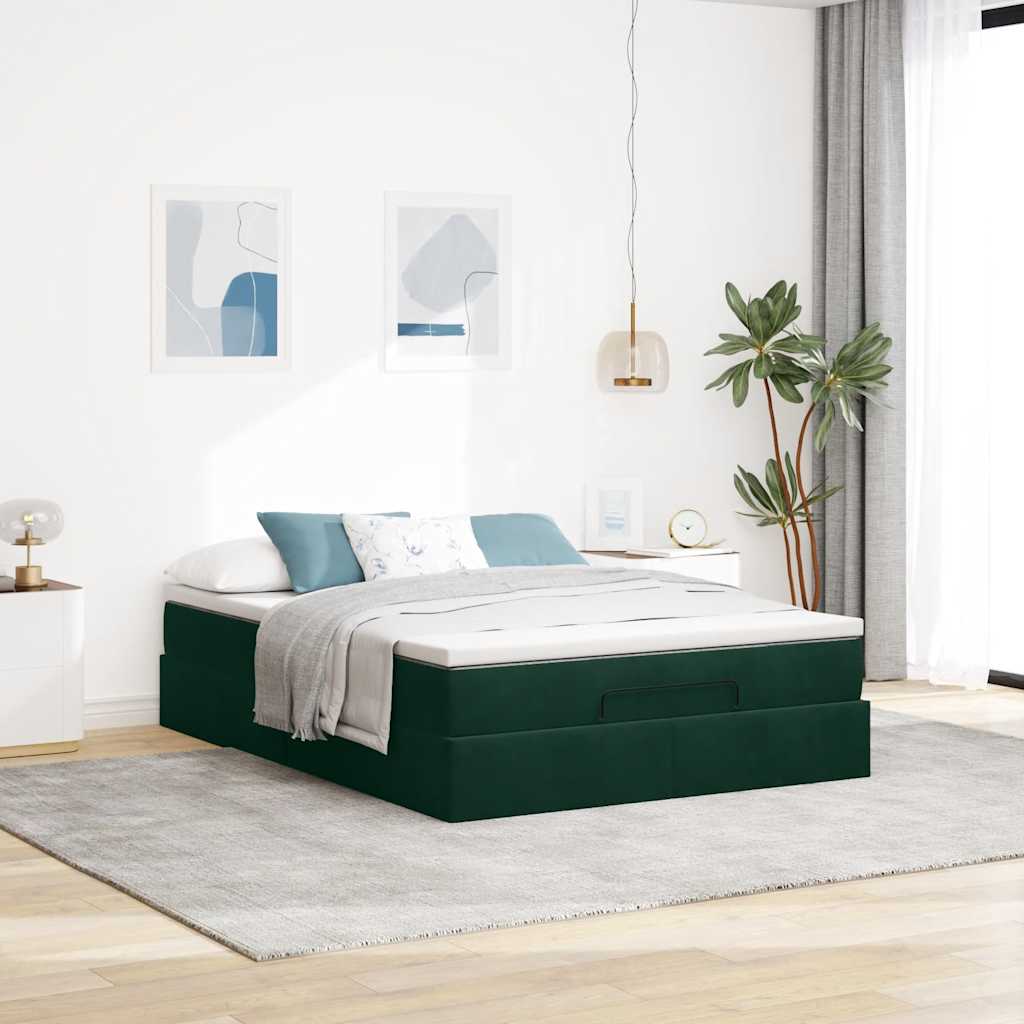 Cadre de lit ottoman avec matelas vert foncé 140x200 cm velours - XIOS
