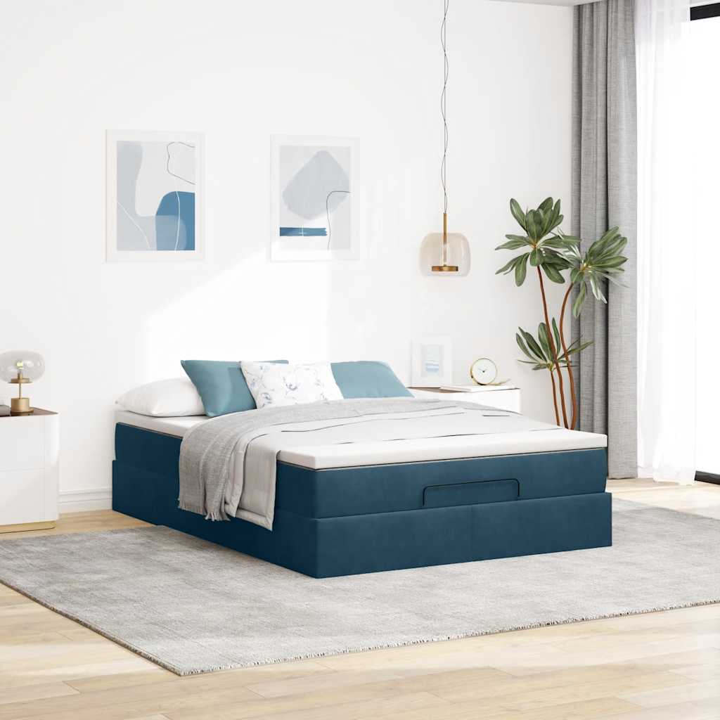 Cadre de lit ottoman avec matelas bleu foncé 140x200 cm velours - XIOS