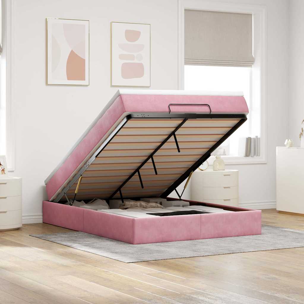 Cadre de lit ottoman avec matelas rose 140x200 cm velours - XIOS