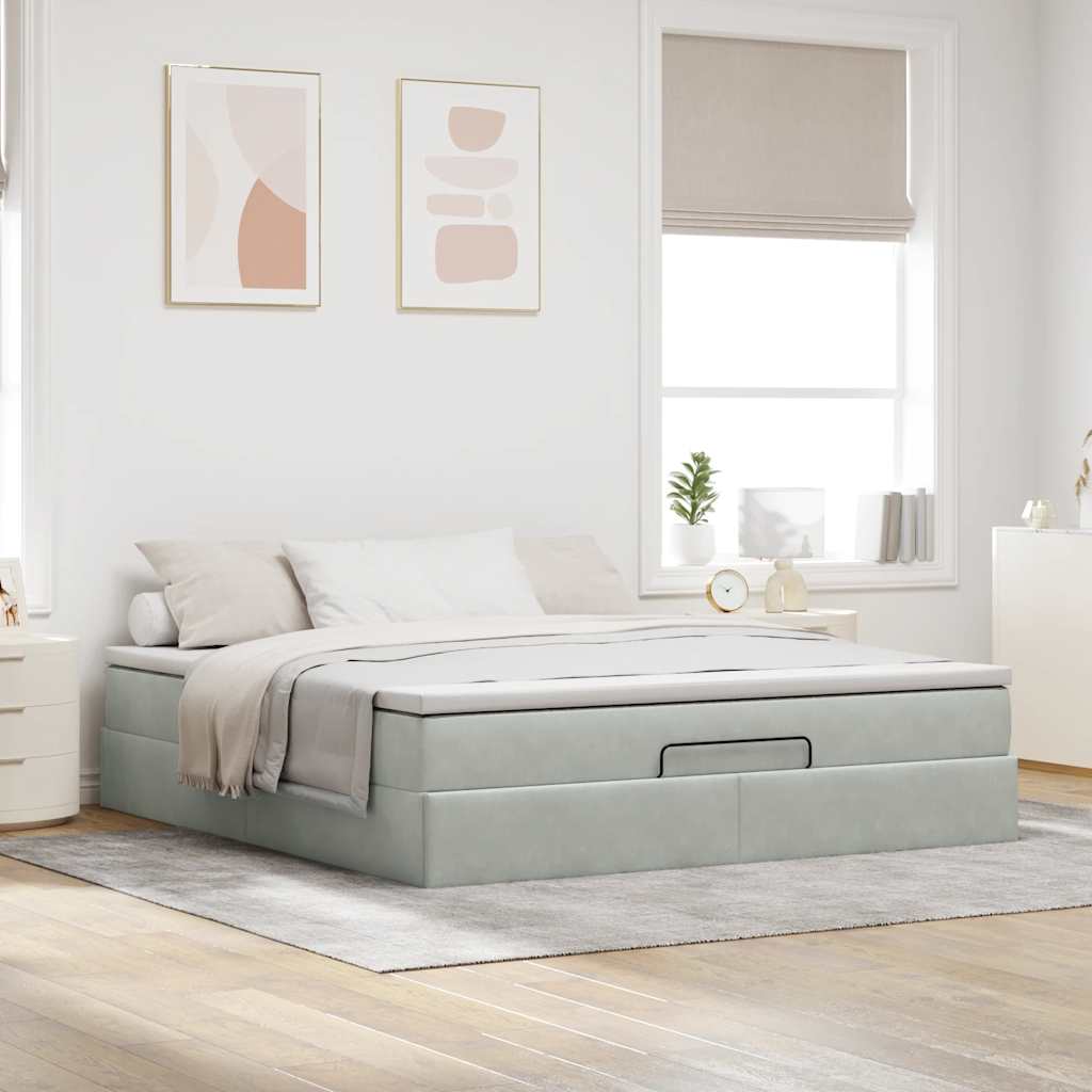 Cadre de lit ottoman avec matelas gris clair 160x200 cm velours