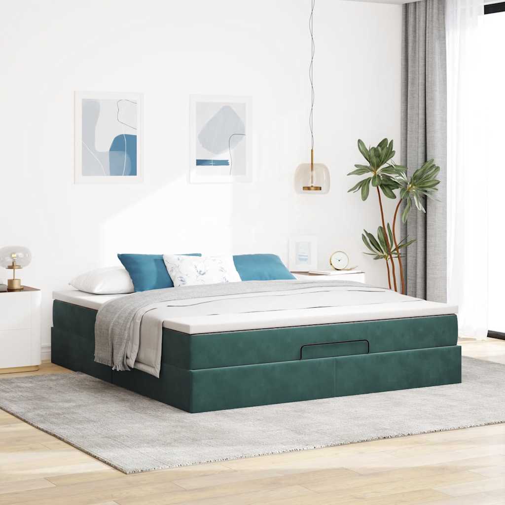 Cadre de lit ottoman avec matelas vert foncé 160x200 cm velours - XIOS