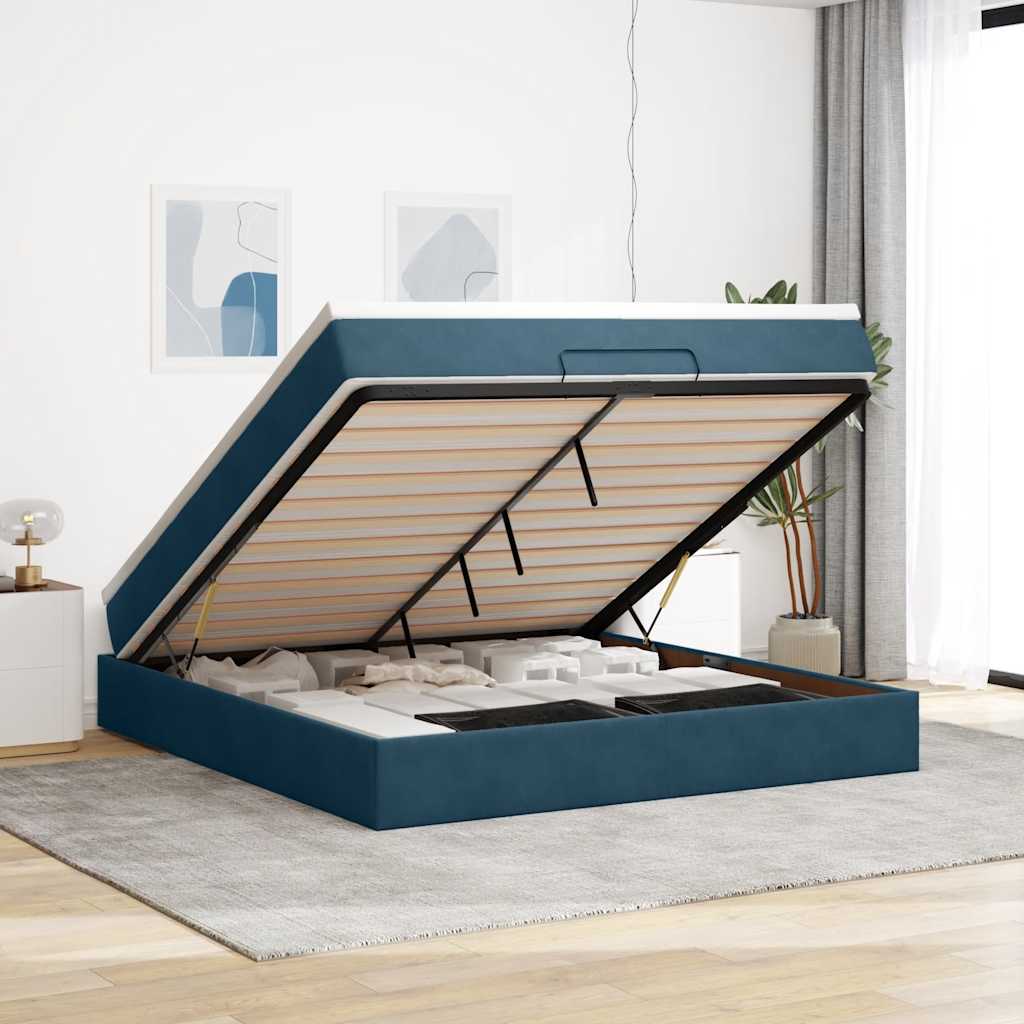 Cadre de lit ottoman avec matelas bleu foncé 160x200 cm velours