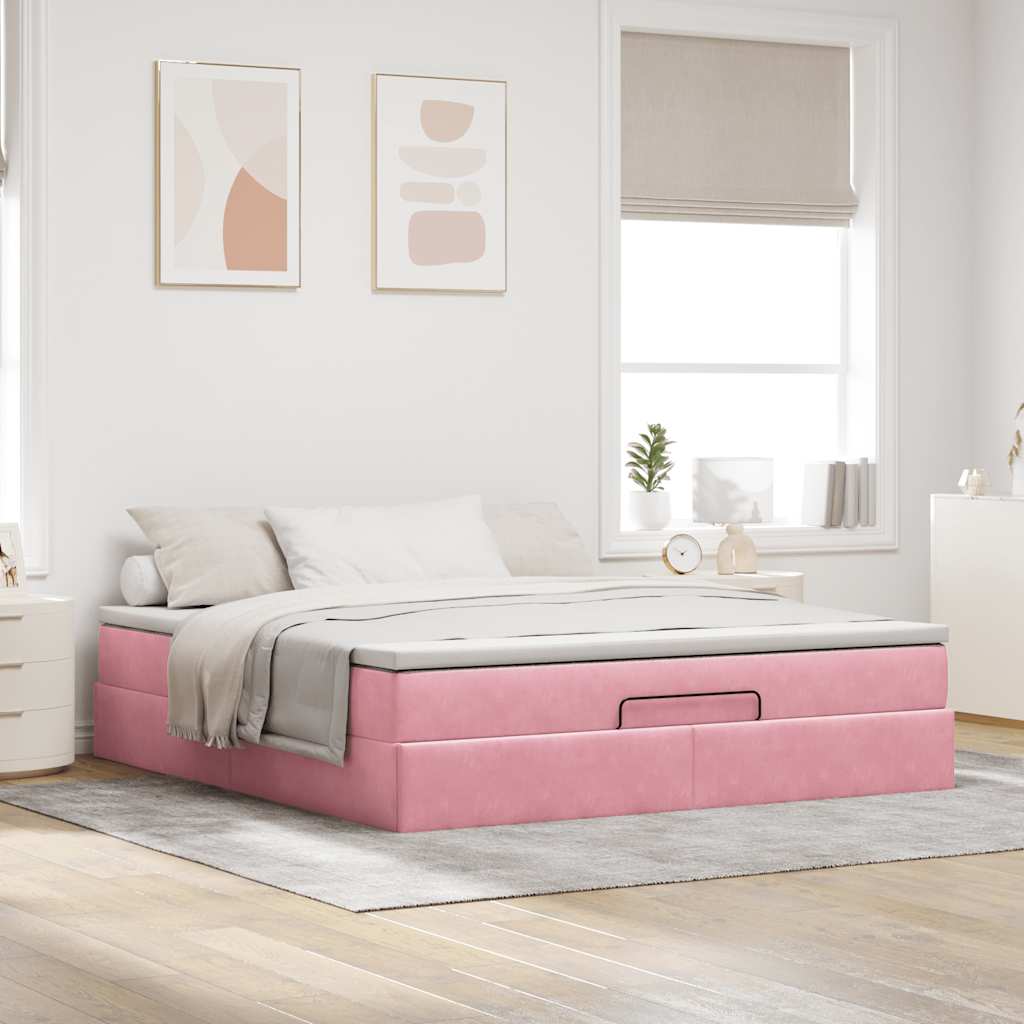 Cadre de lit ottoman avec matelas rose 160x200 cm velours - XIOS