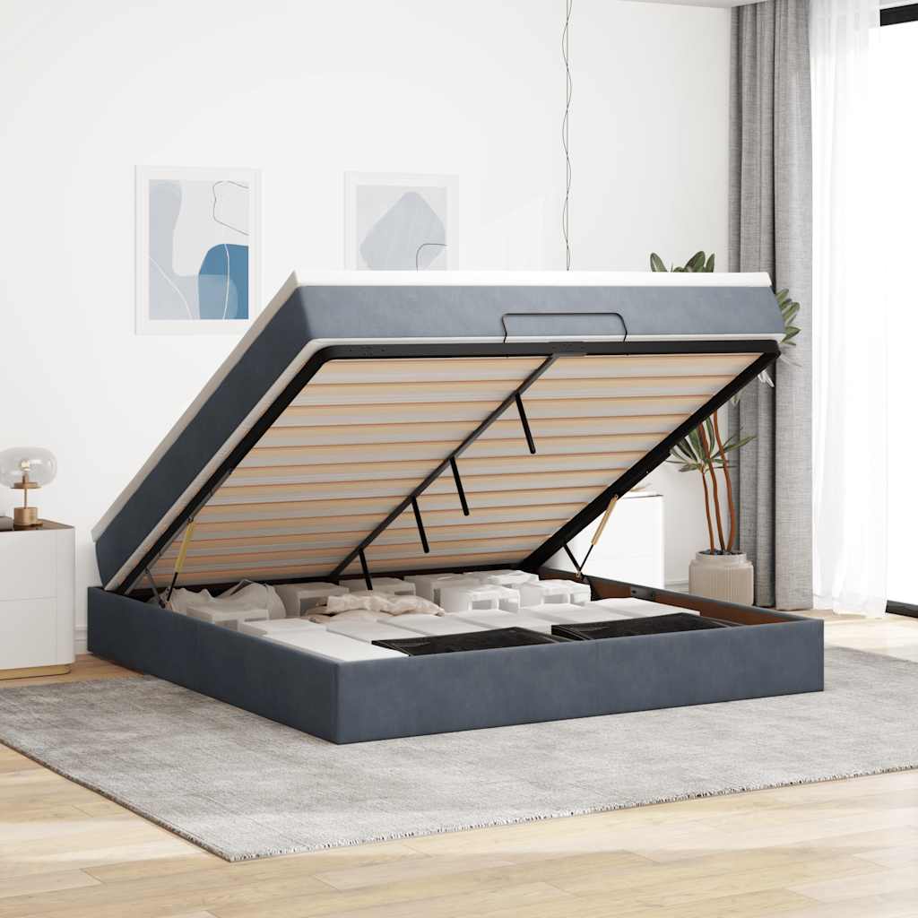 Cadre de lit ottoman avec matelas gris foncé 180x200 cm velours - XIOS