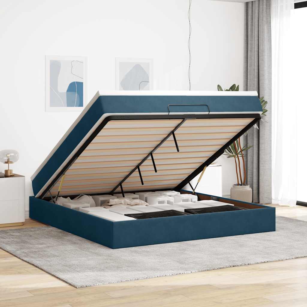 Cadre de lit ottoman avec matelas bleu foncé 180x200 cm velours - XIOS