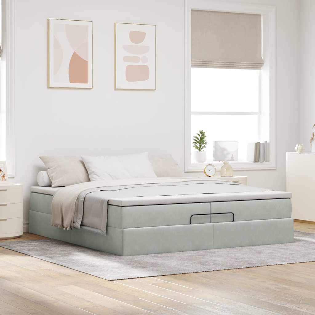 Cadre de lit ottoman avec matelas gris clair 200x200 cm velours - XIOS