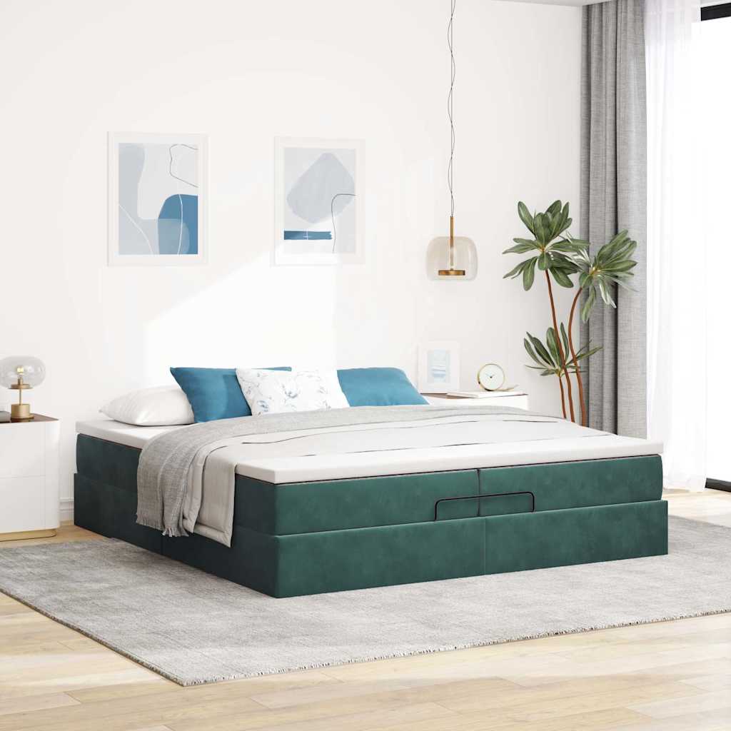 Cadre de lit ottoman avec matelas vert foncé 200x200 cm velours - XIOS