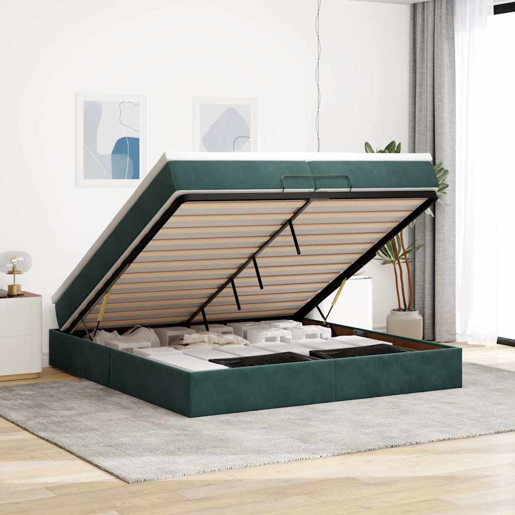Cadre de lit ottoman avec matelas vert foncé 200x200 cm velours - XIOS