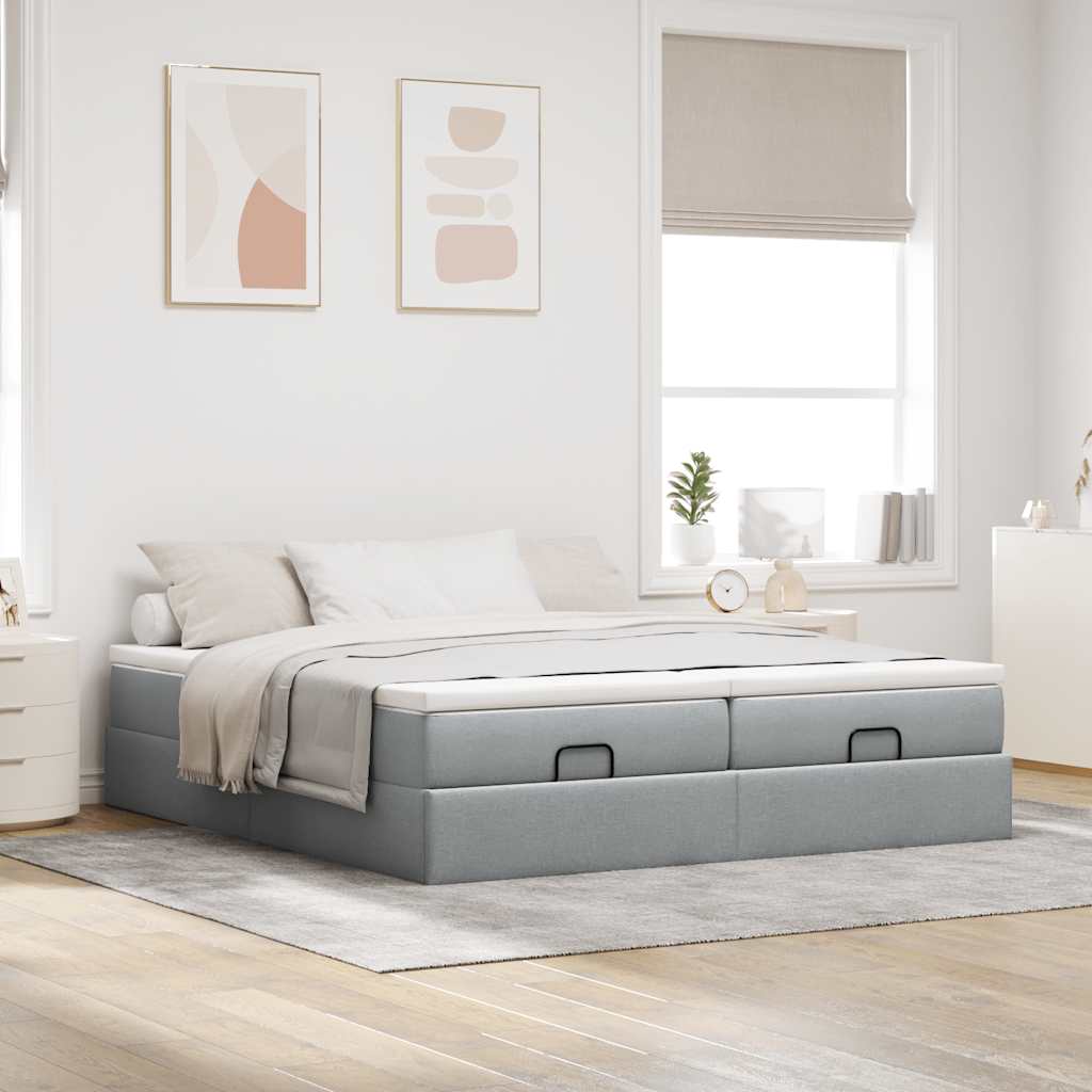 Cadre de lit ottoman et matelas gris clair 200x200cm tissu - XIOS