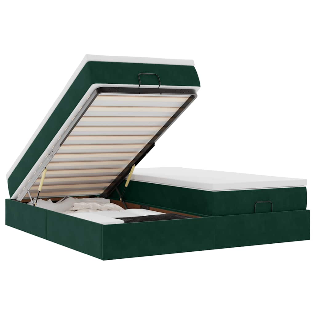 Cadre de lit ottoman avec matelas vert foncé 160x200 cm velours
