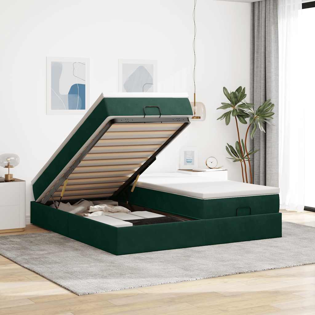 Cadre de lit ottoman avec matelas vert foncé 160x200 cm velours