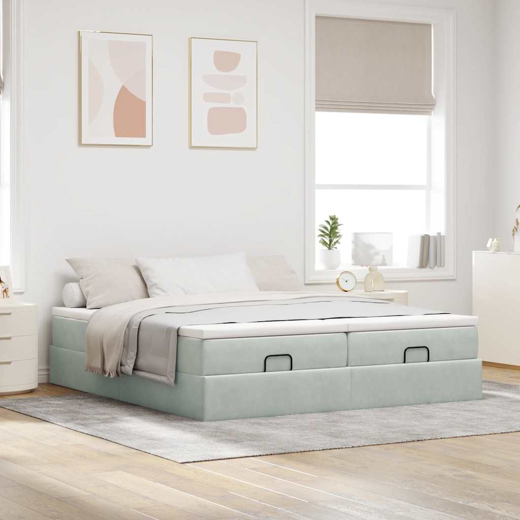 Cadre de lit ottoman et matelas gris clair 180x200cm velours - XIOS
