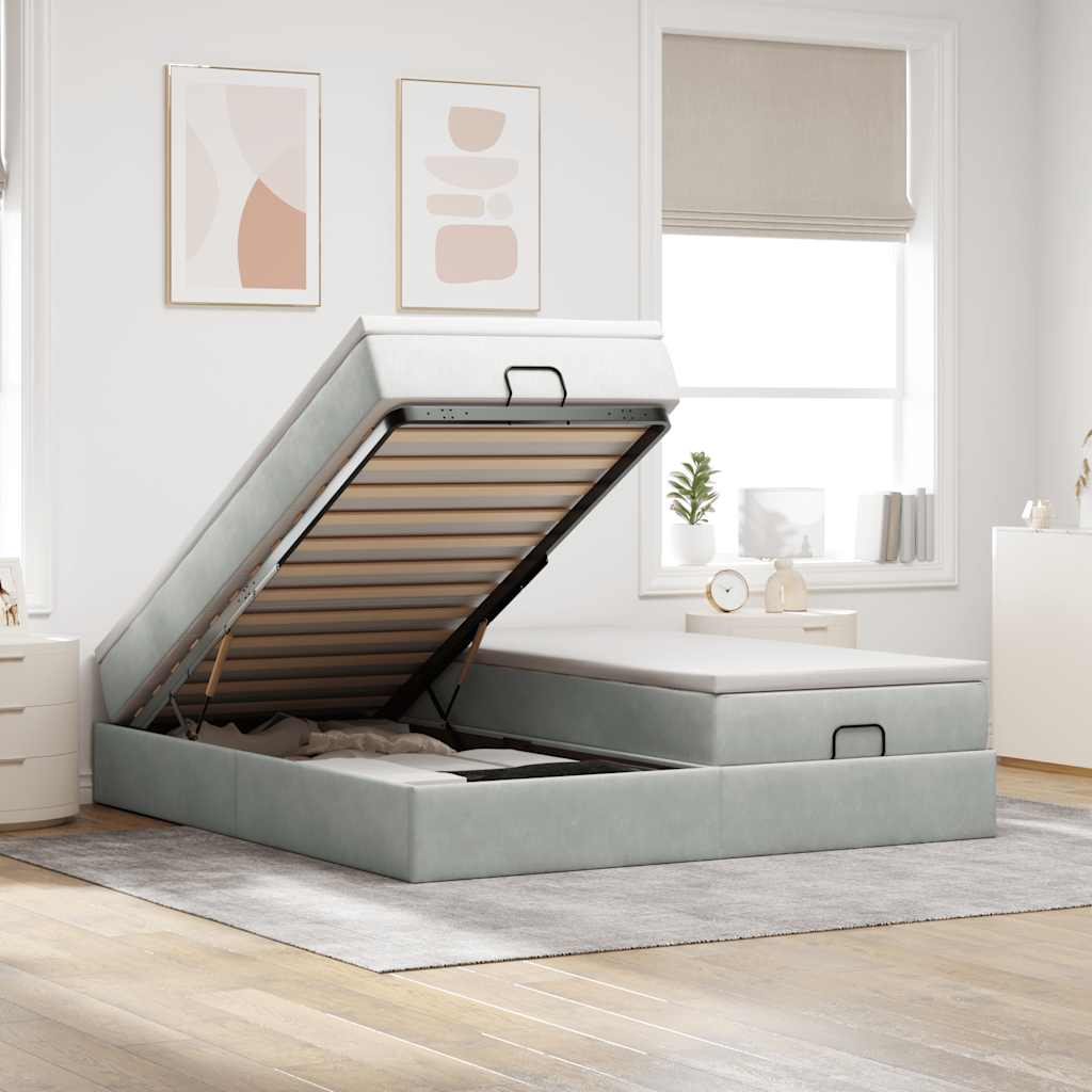 Cadre de lit ottoman et matelas gris clair 180x200cm velours - XIOS
