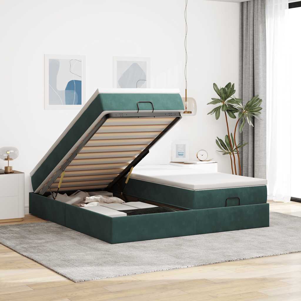 Cadre de lit ottoman avec matelas vert foncé 180x200cm velours - XIOS