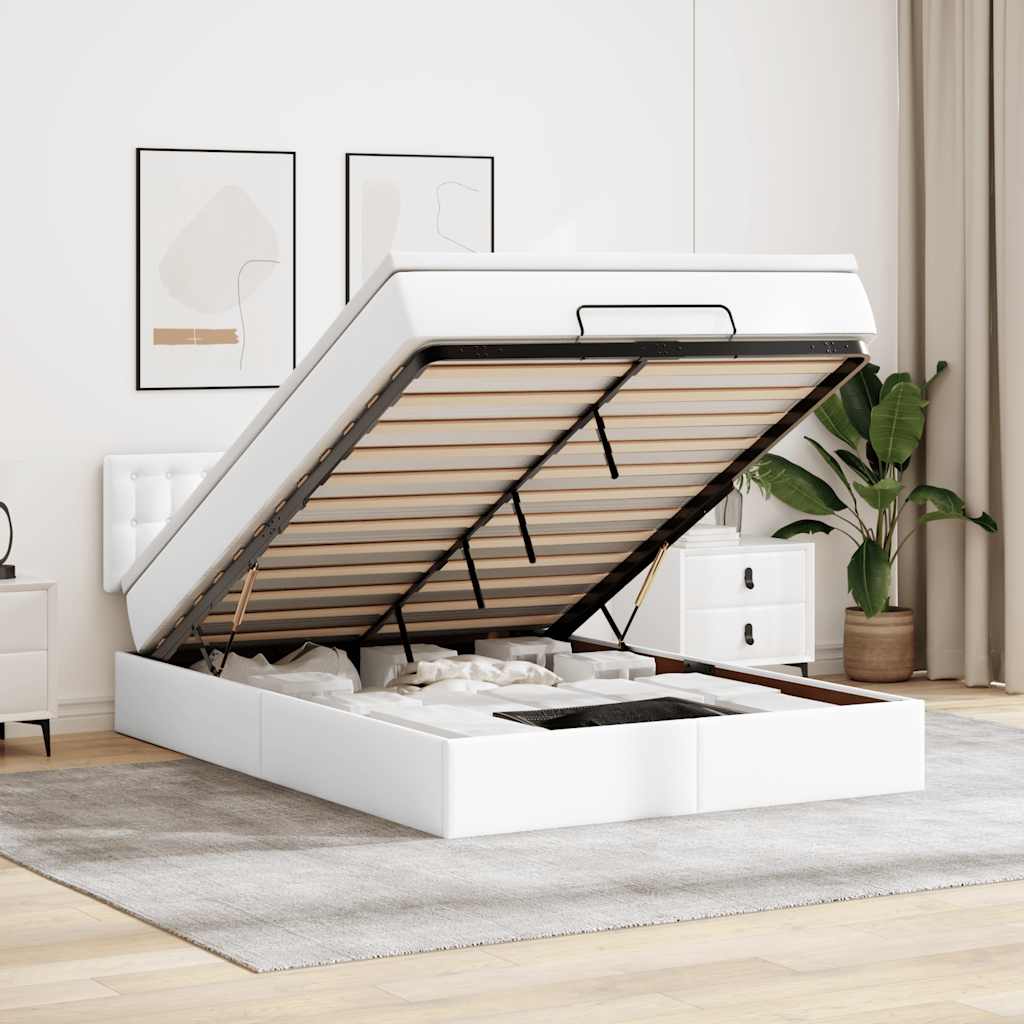 Cadre de lit ottoman avec matelas blanc 140x190 cm similicuir