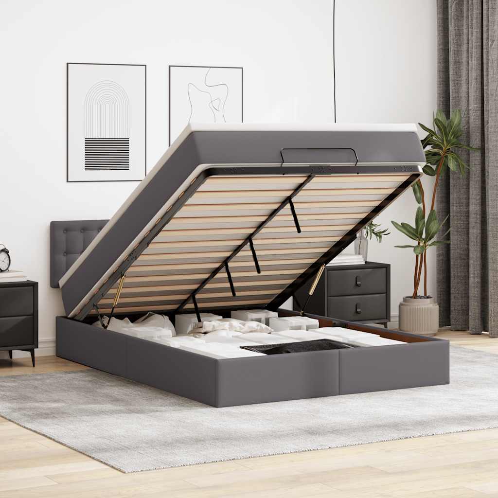 Cadre de lit ottoman avec matelas gris 140x190 cm similicuir - XIOS