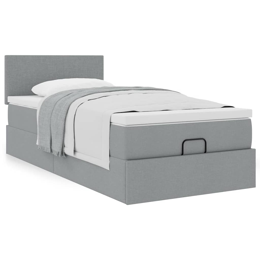 Cadre de lit ottoman et matelas gris clair 90x190 cm tissu - XIOS