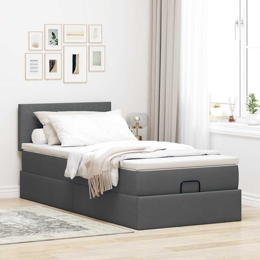 Cadre de lit ottoman avec matelas gris foncé 100x200 cm tissu - XIOS