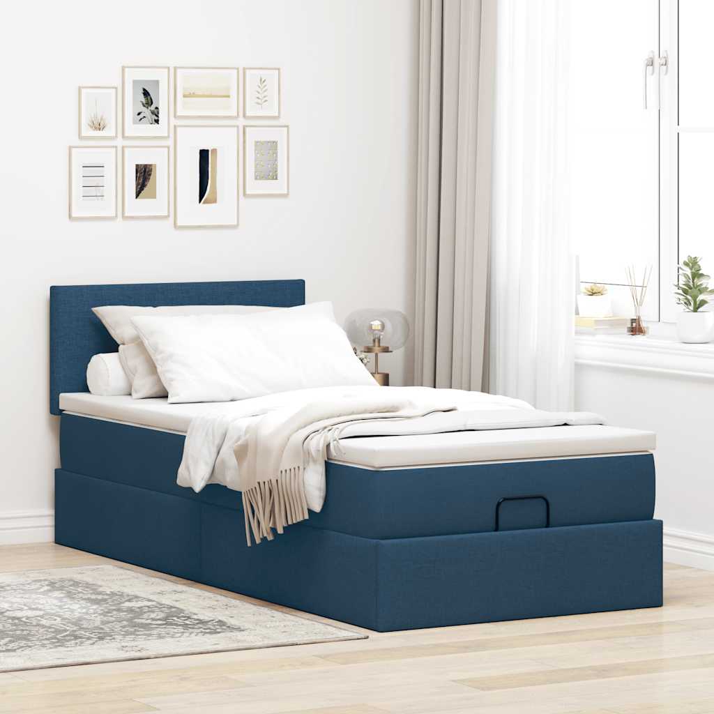 Lit ottoman avec matelas bleu 100x200 cm tissu - XIOS