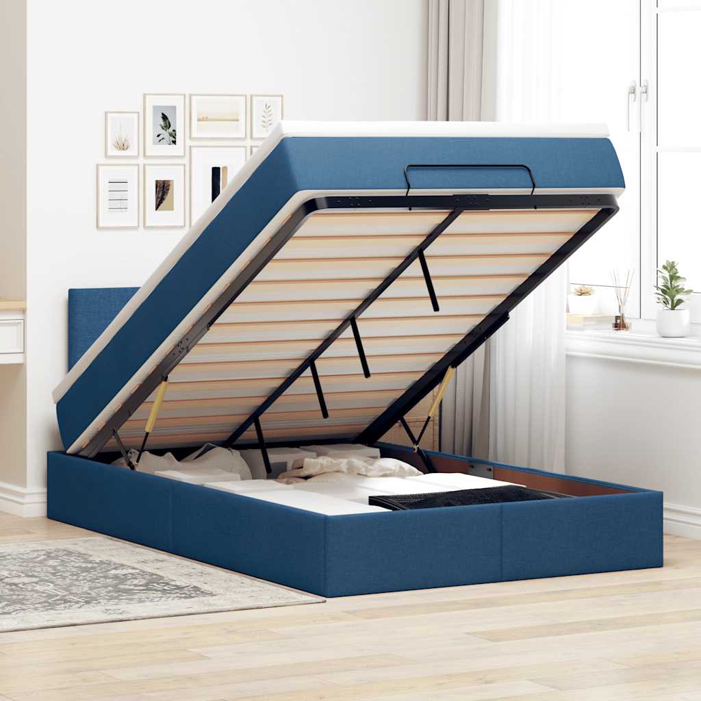 Cadre de lit ottoman avec matelas bleu 120x190 cm tissu - XIOS