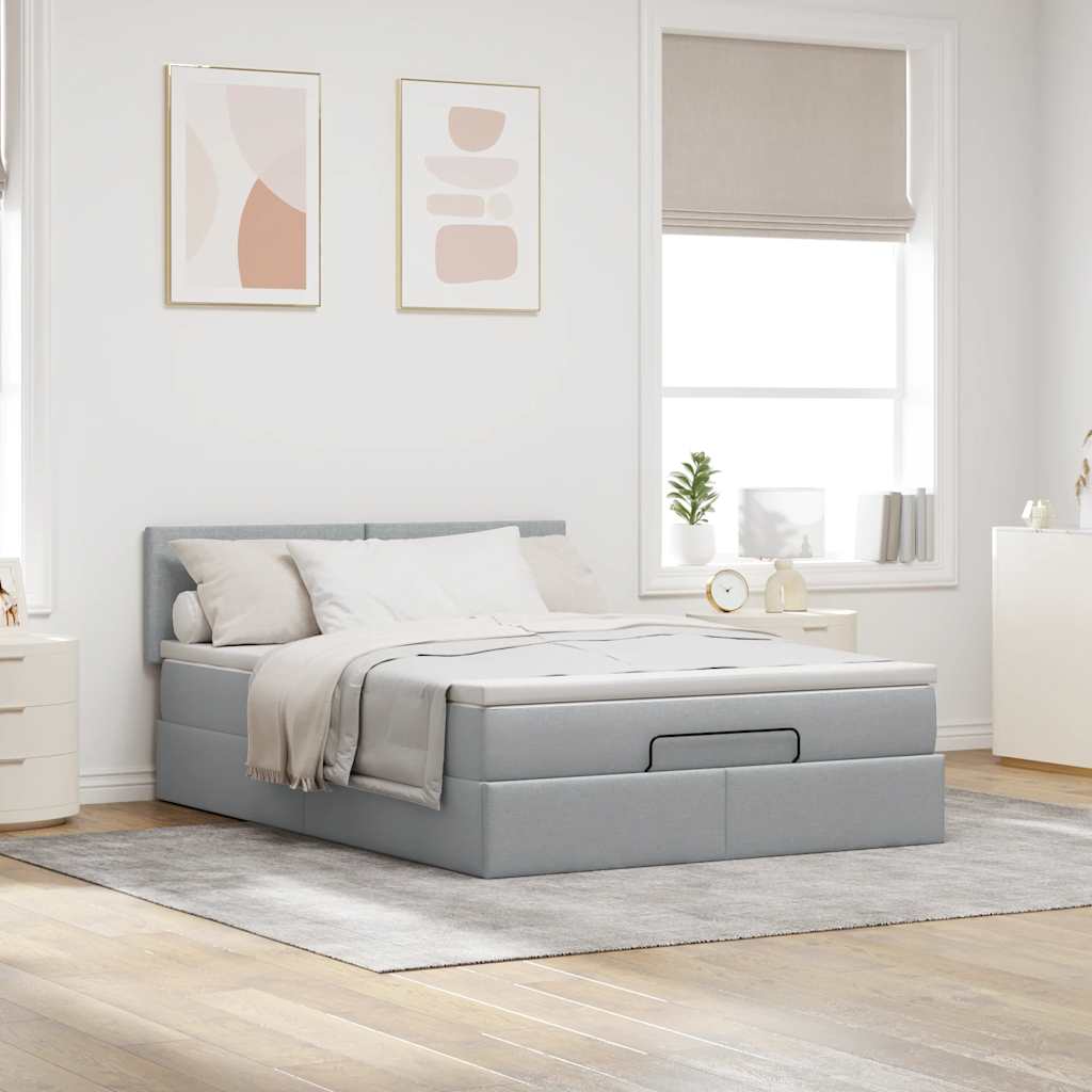Cadre de lit ottoman et matelas gris clair 140x200 cm tissu - XIOS