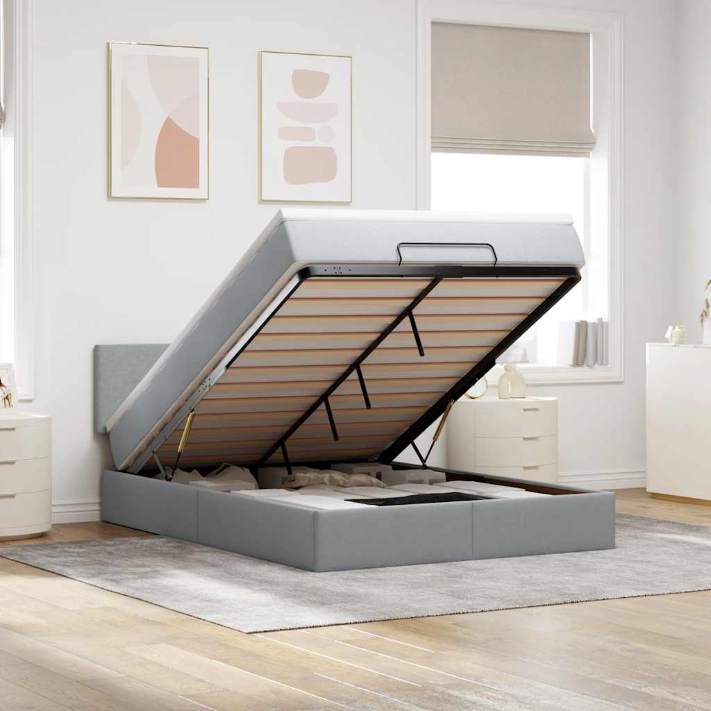 Cadre de lit ottoman et matelas gris clair 140x200 cm tissu