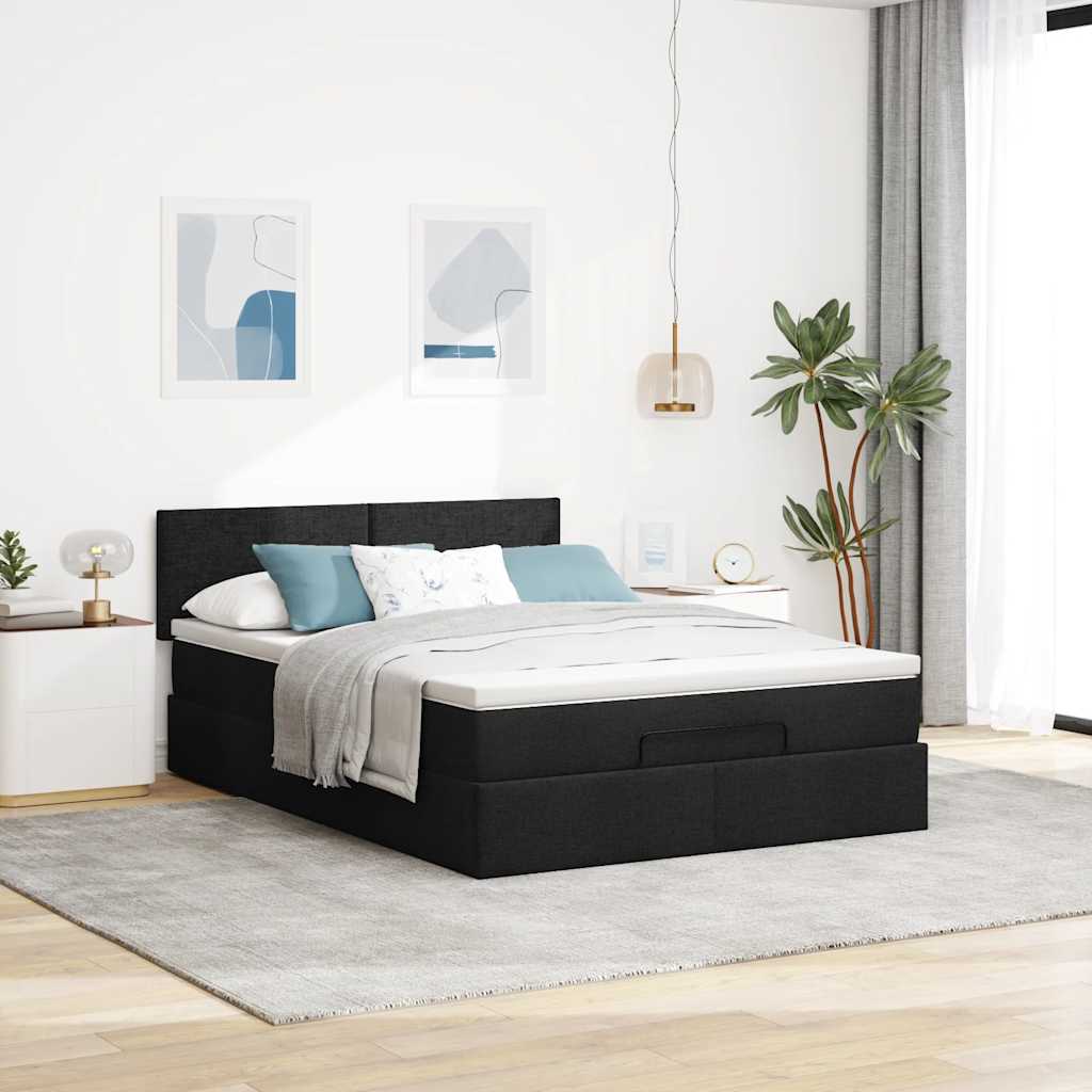 Lit ottoman avec matelas noir 140x200 cm tissu - XIOS