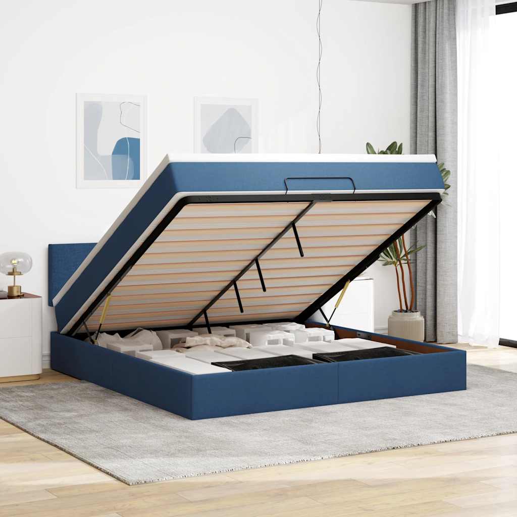Cadre de lit ottoman avec matelas bleu 180x200 cm tissu