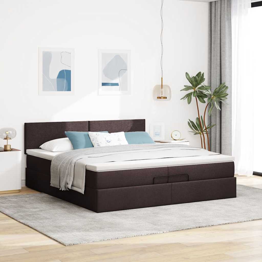 Cadre de lit ottoman avec matelas marron foncé 200x200 cm tissu - XIOS
