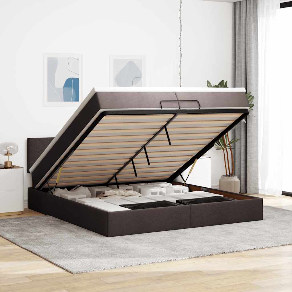 Cadre de lit ottoman avec matelas marron foncé 200x200 cm tissu - XIOS