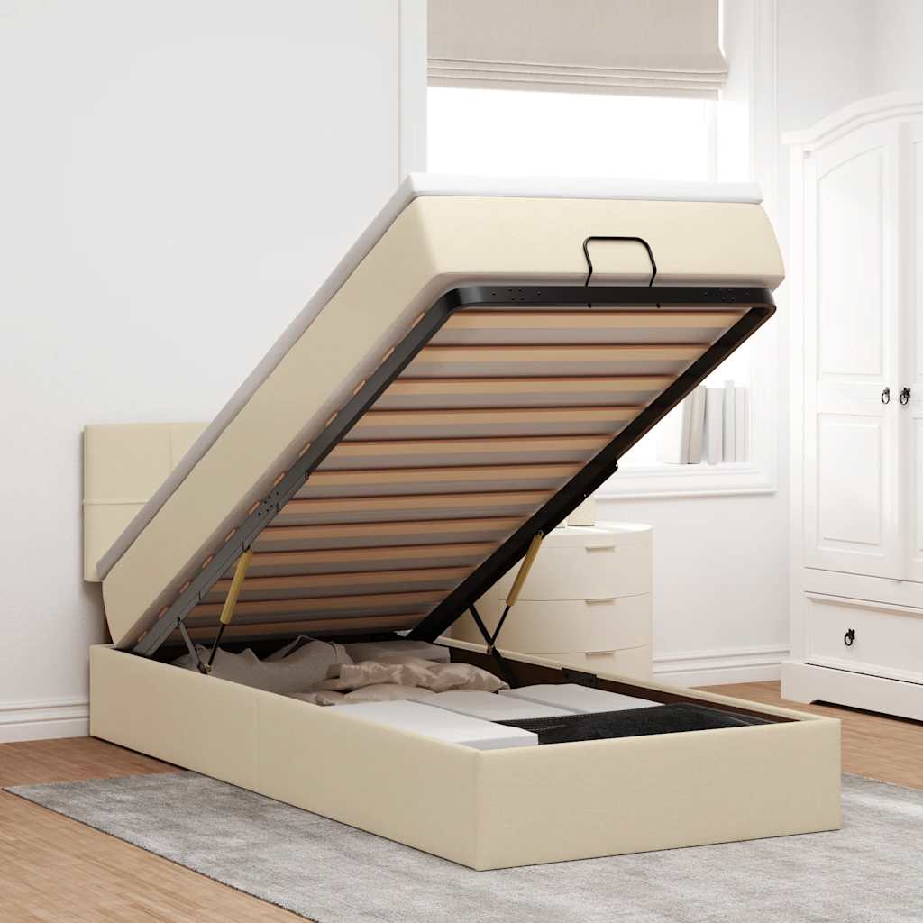 Lit ottoman avec matelas crème 90x200 cm tissu - XIOS